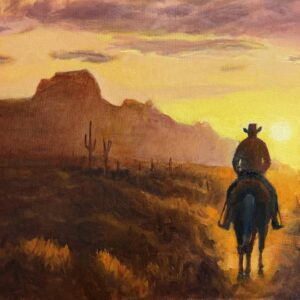 Cowboy Riding into Sunrise